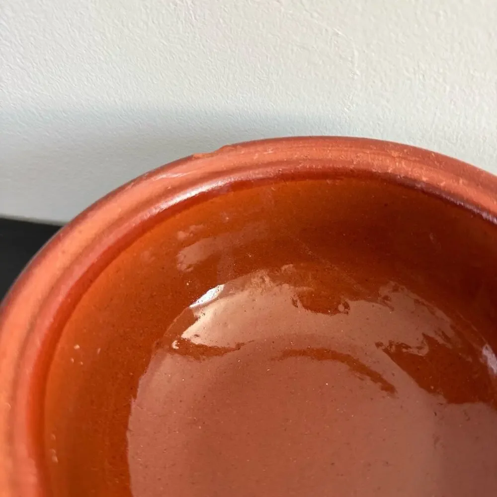 Vintage Bulgarian Redware Clay Pot Lid Traditional Folk Art Pottery Hand Painted